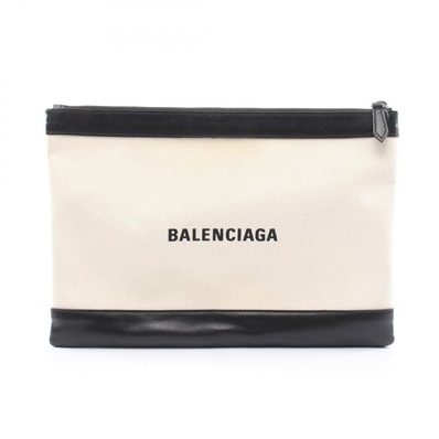 バレンシアガ BALENCIAGA ネイビークリップ M セカンドバッグ クラッチバッグ バッグ キャンバス レザー メンズ レディース アイボリー系 / ブラック系 373834 【中古】
