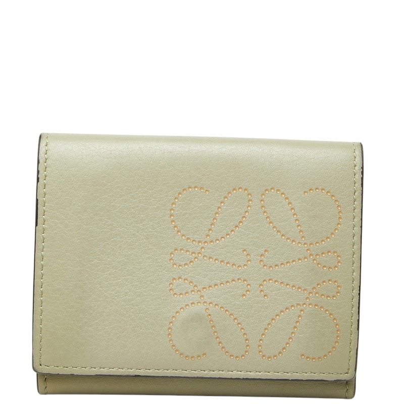 ロエベ アナグラム 三つ折り財布 パンチングロゴ コンパクトウォレット グレー レザー レディース LOEWE 中古