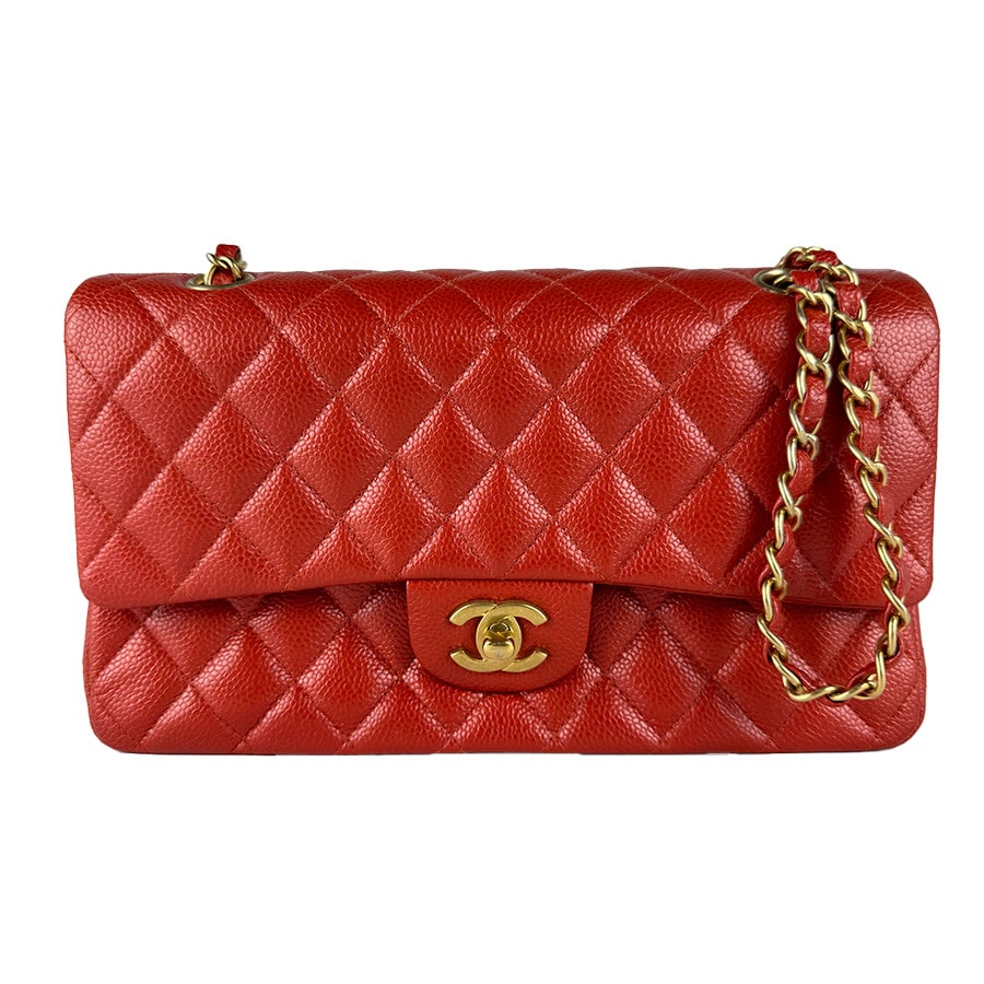 シャネル CHANEL ショルダーバッグ ダブルフラップ マトラッセ キャビアスキンレザー オレンジレッド ゴールド レディース【中古】 z10789