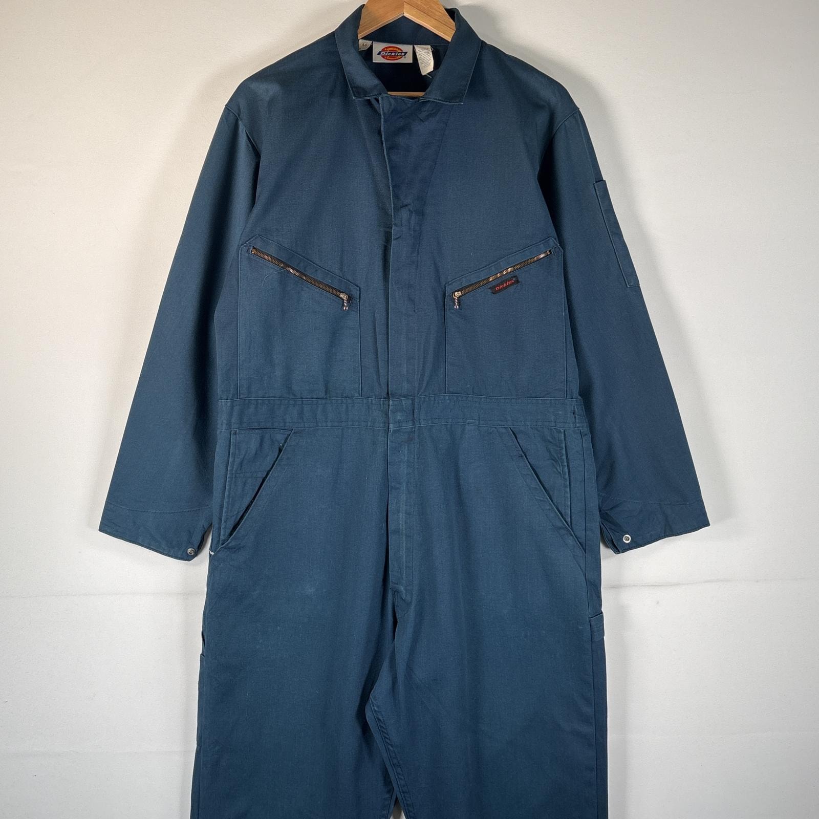 古着 90's/90年代 ディッキーズ Dickies 長袖つなぎ オールインワン ワーク 作業着 ワンポイントロゴ TALONジップ M  ネイビー系 メンズ