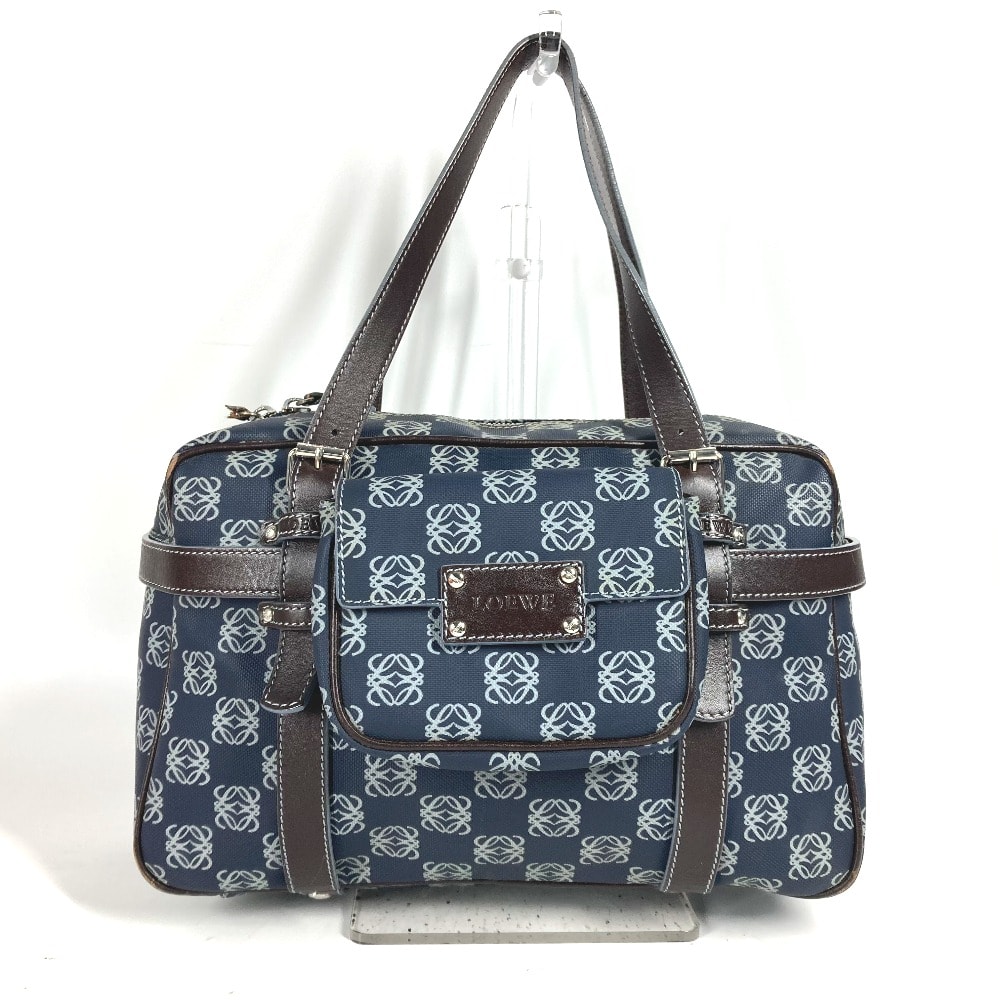 ロエベ LOEWE アナグラム ロゴ ショルダーバッグ 肩掛け ポーチ付き ミニボストンバッグ ハンドバッグ ボストンバッグ PVC/レザー ネイビー