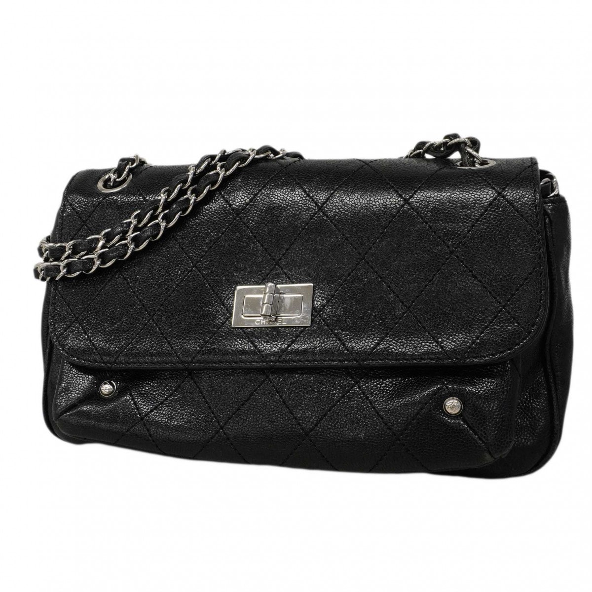 【6dc3605-k】シャネル ショルダーバッグ 2.55/マトラッセ チェーンショルダー キャビアスキン ブラック シルバー金具【中古】レディース