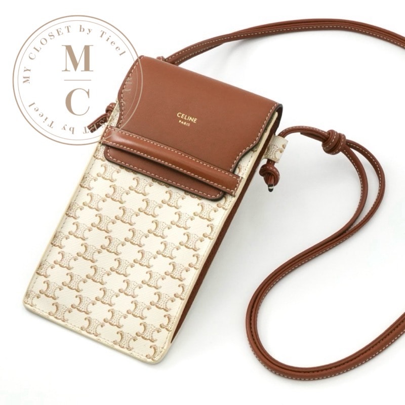 セリーヌ CELINE 携帯・スマホアクセサリー レザー ブラウン ホワイト トリオンフ ロゴ フォンケース モバイルポーチ ポシェット