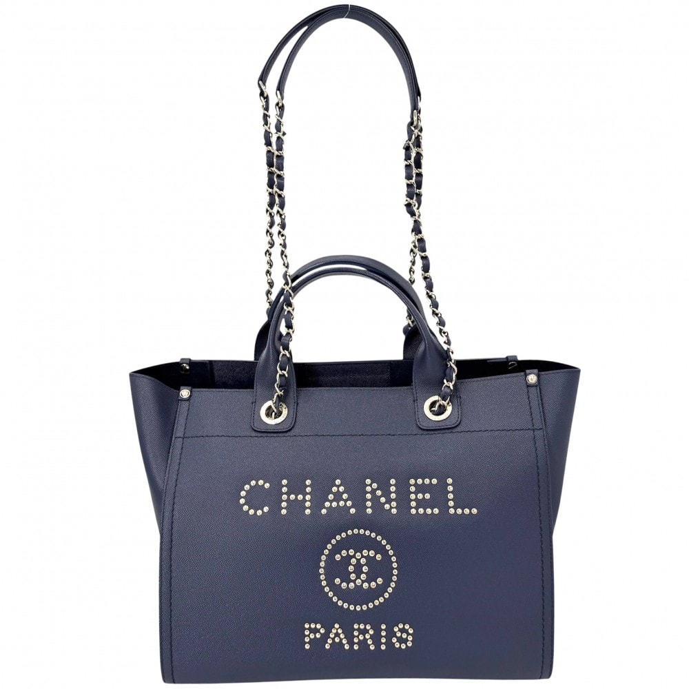 CHANEL シャネル トートバッグ ドーヴィルMM ハンドバッグ チェーンショルダーバッグ 肩掛け スタッズ ロゴ ココマーク  キャビアスキン   ブルー 青 ネイビー 紺 ゴールド金具 レディース 美品【中古品】