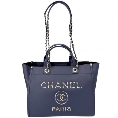 CHANEL シャネル トートバッグ ドーヴィルMM ハンドバッグ チェーンショルダーバッグ 肩掛け スタッズ ロゴ ココマーク キャビアスキン ブルー 青 ネイビー 紺 ゴールド金具 レディース 美品【中古品】
