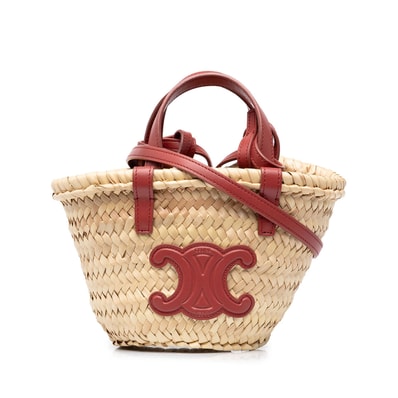 セリーヌ ミニトリオンフ パニエ ハンドバッグ 2WAY ショルダーバッグ ベージュ ピンク系 ラフィア カーフスキン レディース CELINE 中古