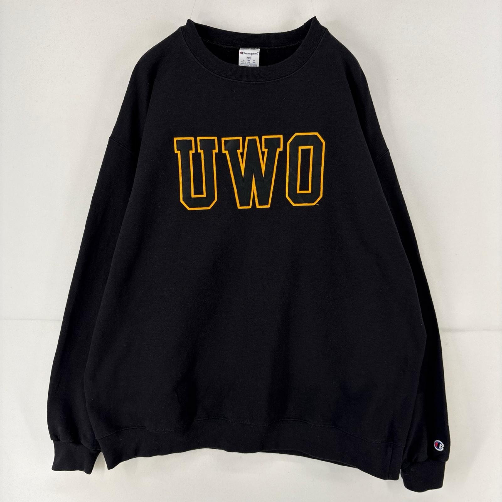 古着 チャンピオン Champion スウェット プルオーバー 刺繍 クルーネック トレーナー 大きいサイズ 2XL ブラック メンズ