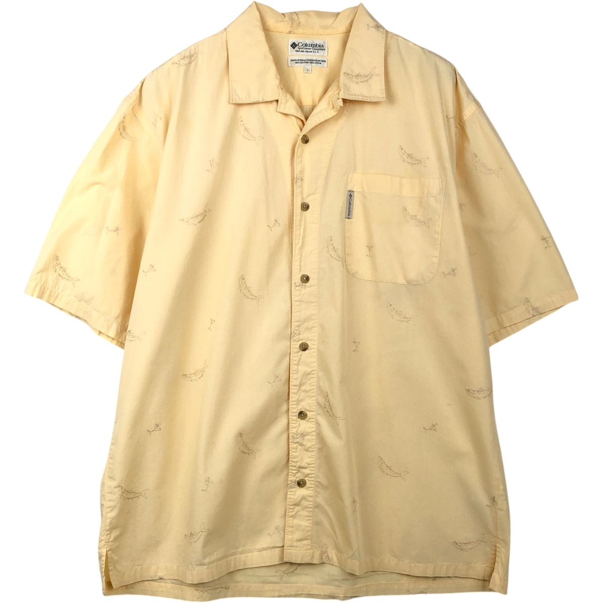 古着 コロンビア Columbia 総柄 魚柄 半袖 オープンカラー コットンシャツ ボックスシャツ メンズL相当/eaa655946