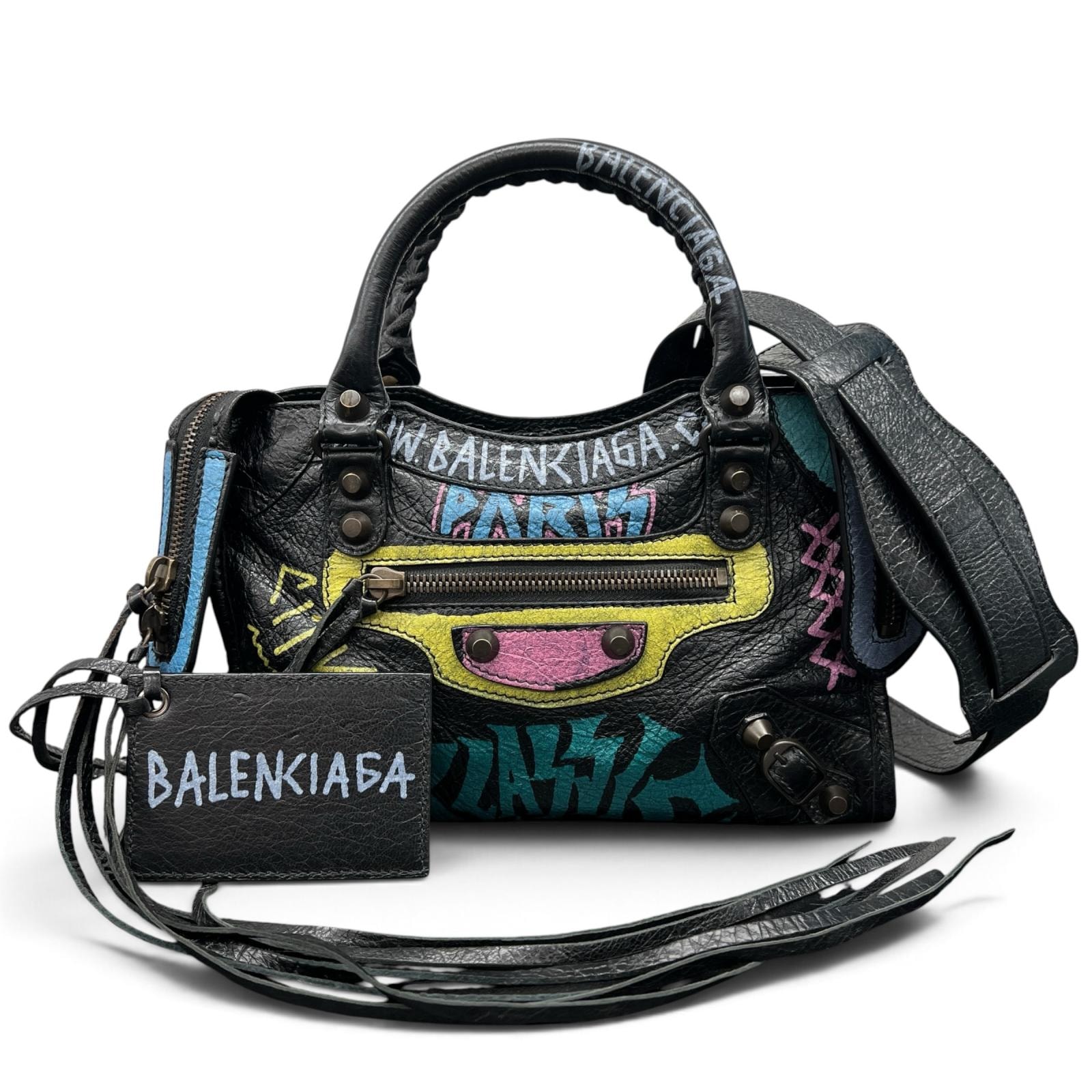 BALENCIAGA 希少 美品 バレンシアガ クラシック ミニ シティ グラフィティ 2way ハンドバッグ ショルダーバッグ 300295 レザー ブラック マルチカラー ミラー付き Y2K ABランク 中古 鑑定済 バレンシアガバッグ