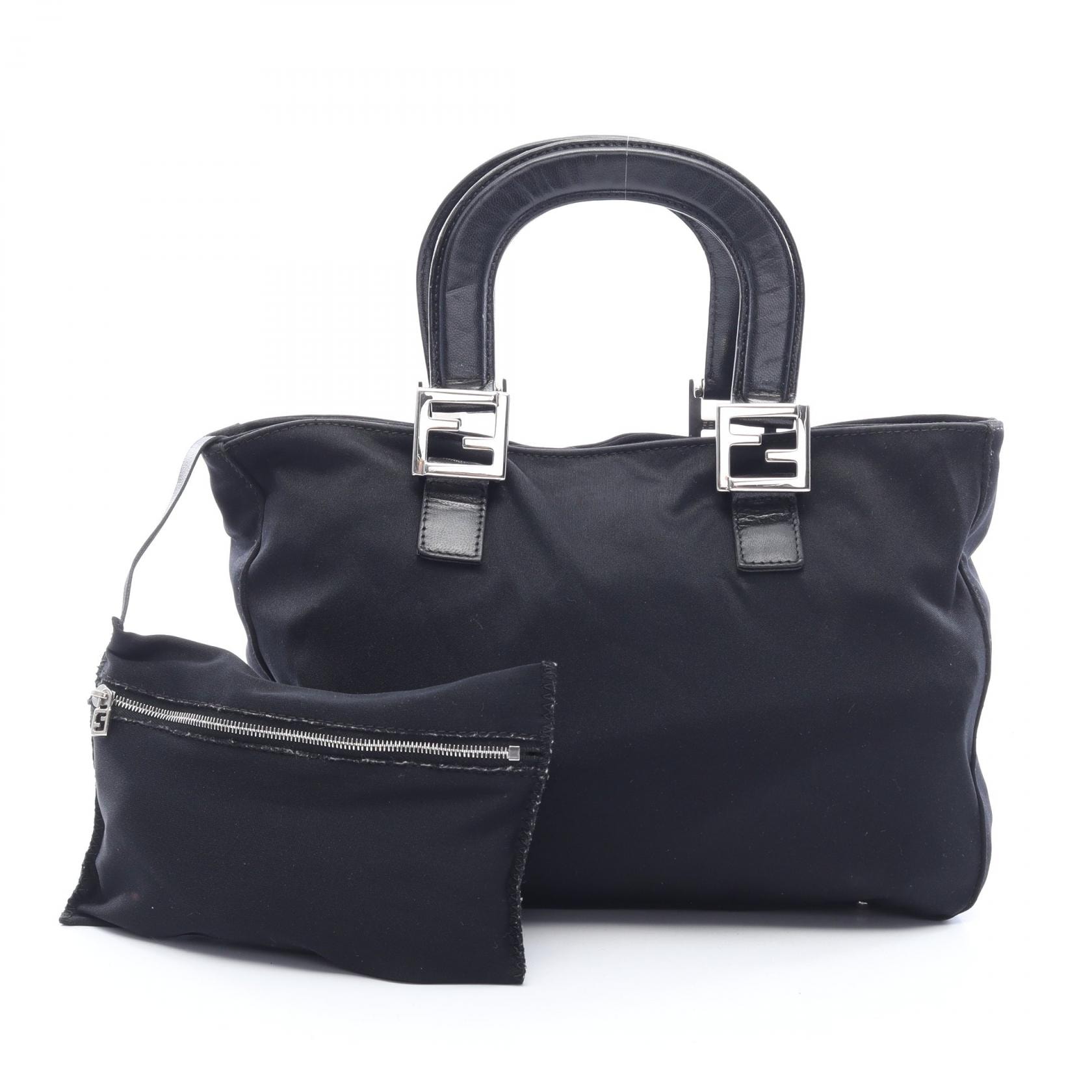 フェンディ FENDI ポーチ付き ハンドバッグ バッグ レザー ファブリック レディース ブラック系 【中古】