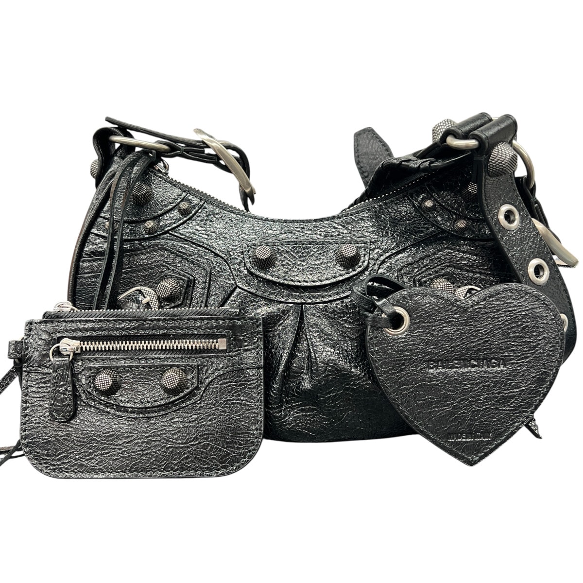 BALENCIAGA 極美品 バレンシアガ Le Cagole XS ショルダーバッグ 671309 レザー ブラック シルバー金具 クロスボディ ポシェット スタッズ ハート ミラー・ポーチ付属 Y2K Aランク 中古 鑑定済 バレンシアガバッグ