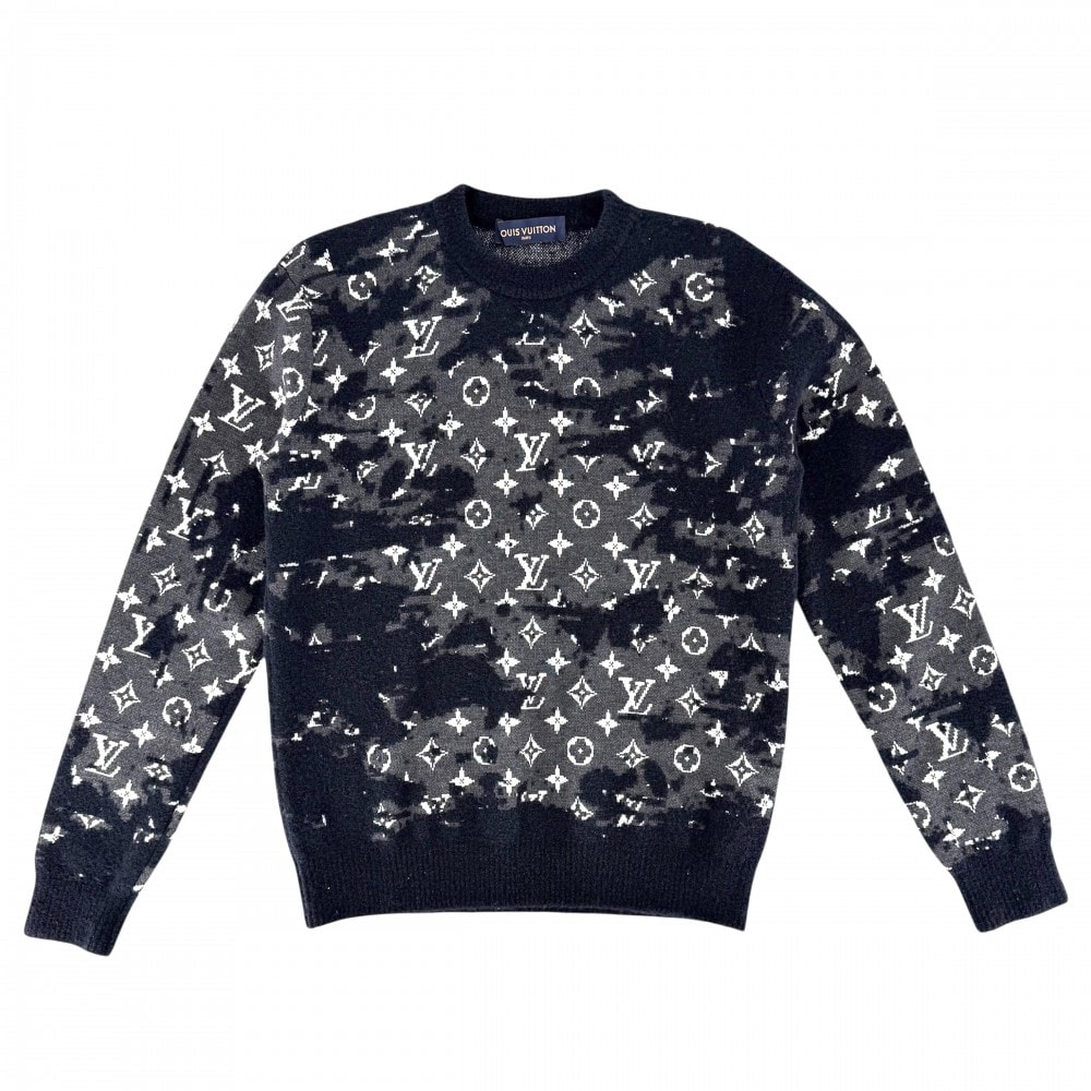 LOUIS VUITTON ルイヴィトン ニット モノグラム ディストレスト トップス 長袖 アパレル 服 XS ネイビー 紺 グレー ウール ナイロン メンズ 秋 冬 美品【中古品】