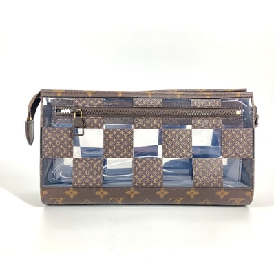 ルイヴィトン LOUIS VUITTON スタンド ポーチ M81588 モノグラム チェス ダミエ ポーチ カバン ストラップ付 クラッチバッグ ビニール ブラウン 美品