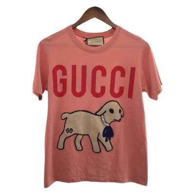 美品 GUCCI グッチ 刺繍 ラインストーン サイズXS ピンク コットン 半袖Tシャツ 600944 【中古】