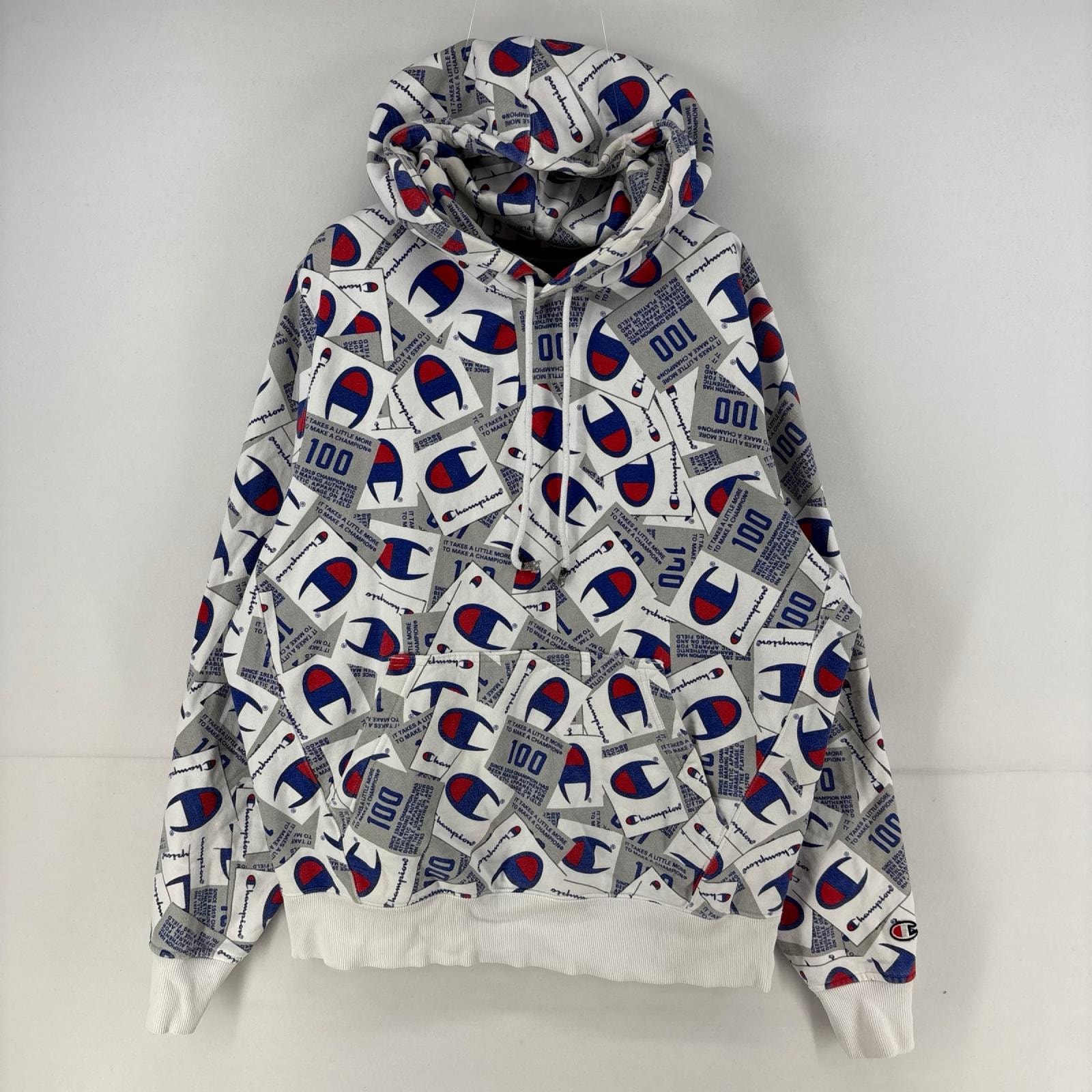 古着 チャンピオン Champion パーカー スウェット プルオーバー ヘビーウェイト 総柄 ロゴ プリント 厚手 L  ホワイト系 メンズ