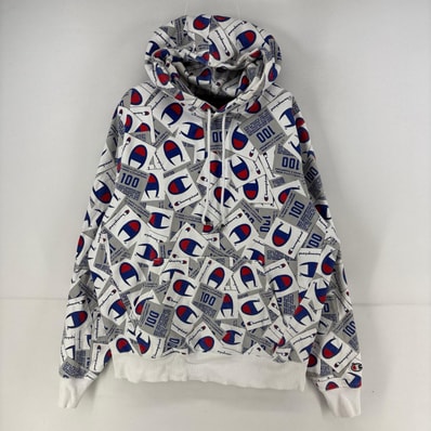 古着 チャンピオン Champion パーカー スウェット プルオーバー ヘビーウェイト 総柄 ロゴ プリント 厚手 L ホワイト系 メンズ