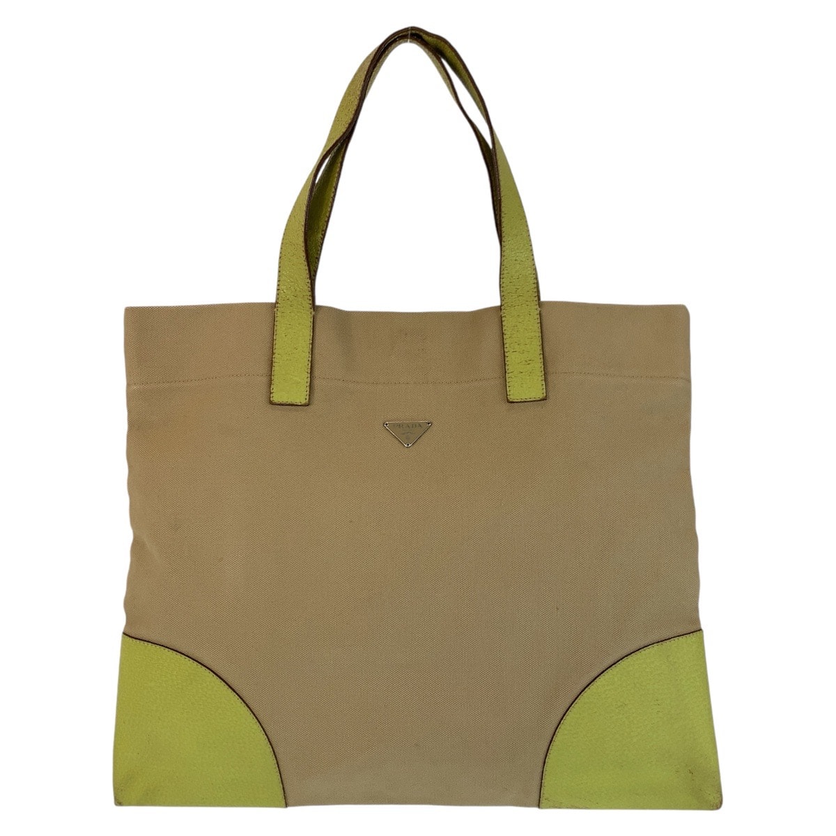PRADA プラダ 三角ロゴプレート ベージュ グリーン シルバー金具 キャンバス レザー/ トートバッグ ハンドバッグ 504920 【中古】