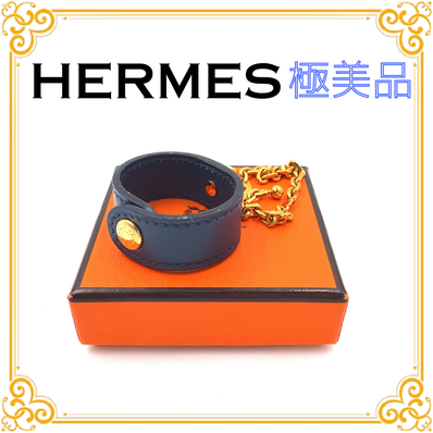 ■極美品■ HERMES エルメス グローブホルダー リング ネイビー 紺 レザー ゴールド金具 小物 レディース アクセサリー 手袋ホルダー