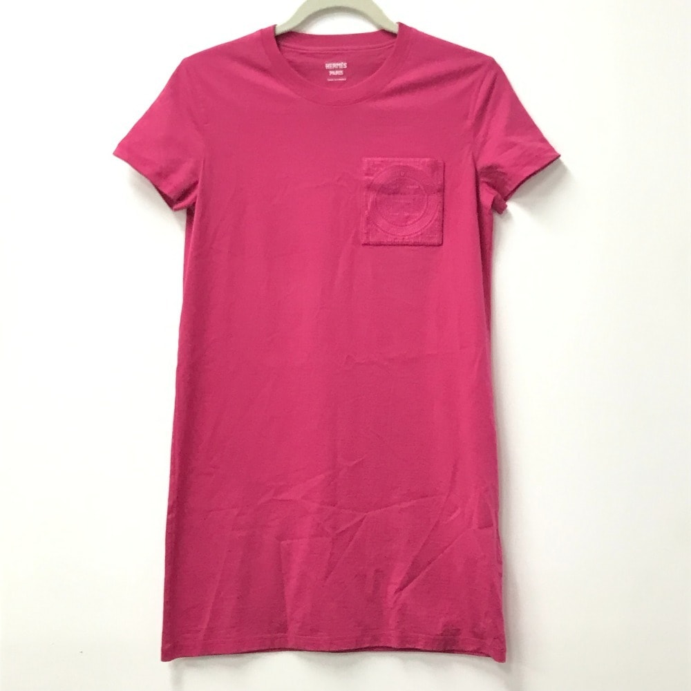エルメス HERMES 刺繍入れ モザイク Hロゴ ポケット アパレル Tシャツワンピース ラウンドネック ワンピース コットン ピンク