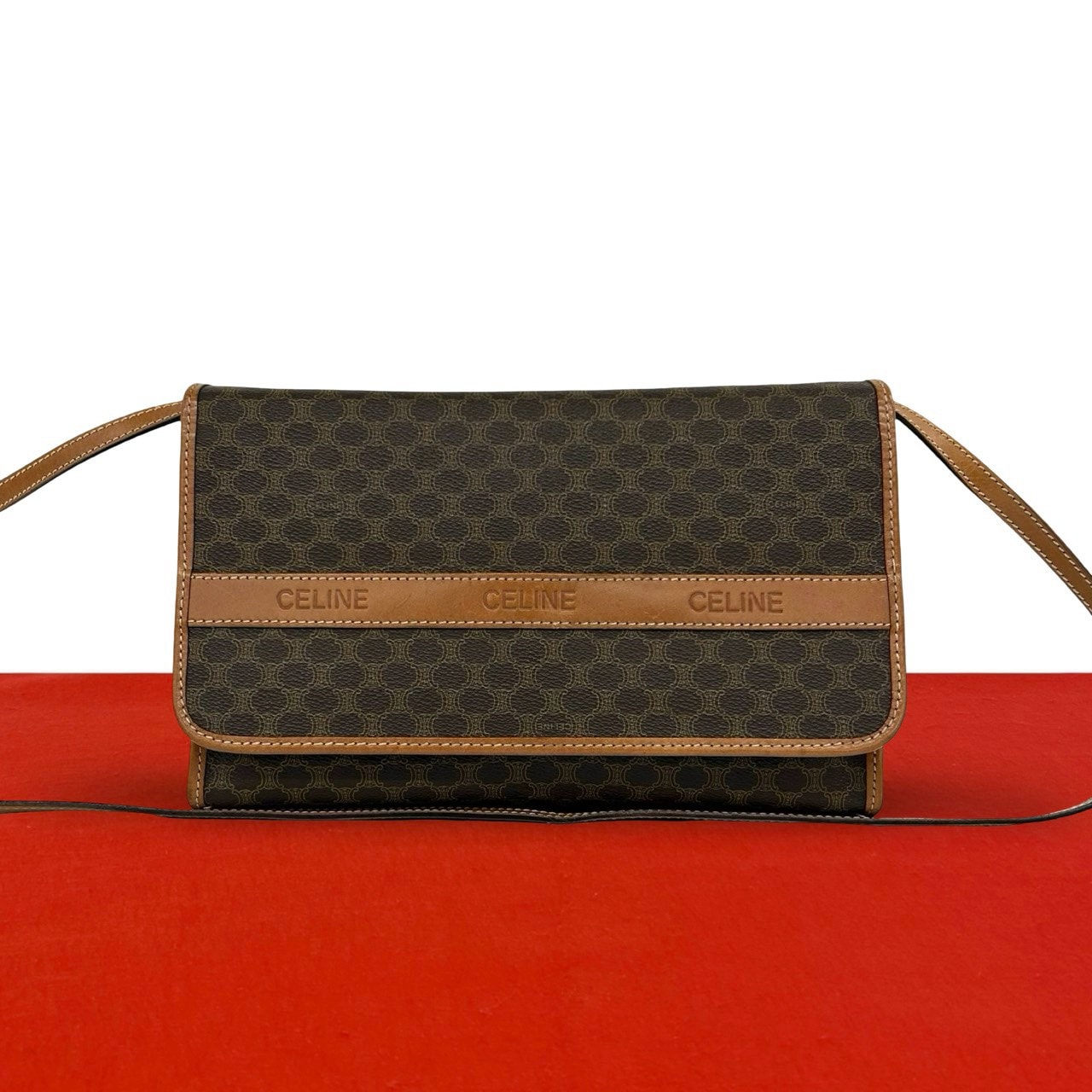 CELINE セリーヌ マカダム ブラゾン ロゴ 柄 レザー PVC ショルダーバッグ ブラウン
 30989