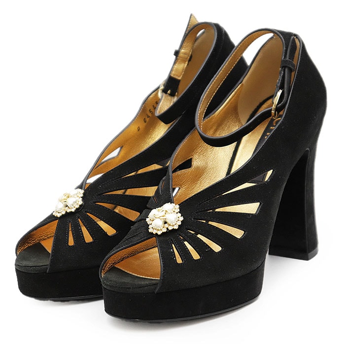 【未使用】CHANEL シャネル パンプス G45455 COCOマーク ビジュー ラインストーン フェイクパール ヌバック スウェード レザー スリングバック オープントゥ ハイヒール バレエシューズ 靴 箱・袋付属 レディース 37C 黒 金 イタリア製