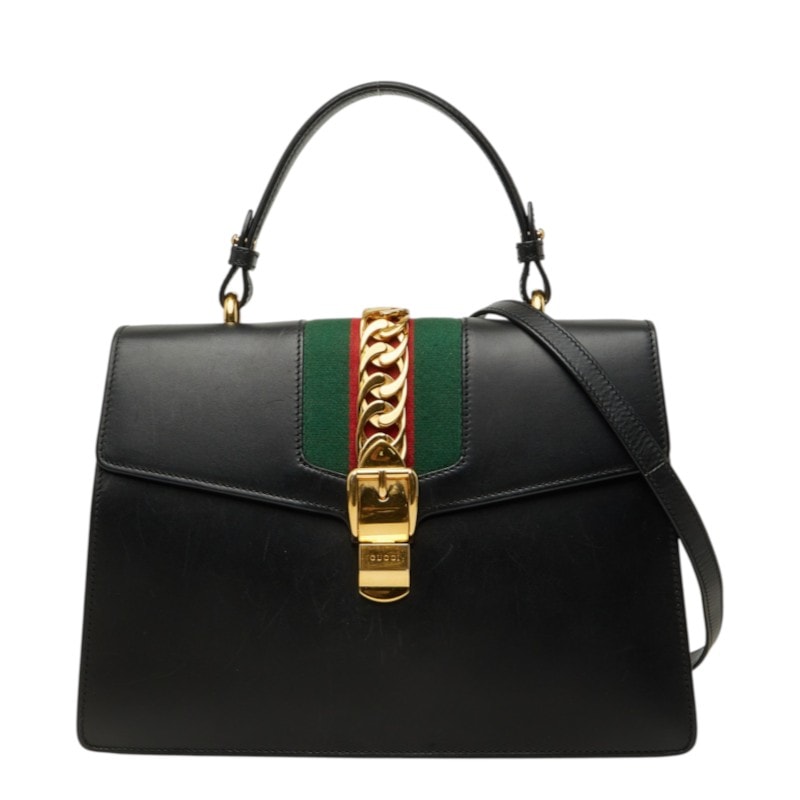 グッチ シェリーライン シルヴィ ハンドバッグ ショルダーバッグ 2WAY 431665 ブラック レザー レディース GUCCI 中古
