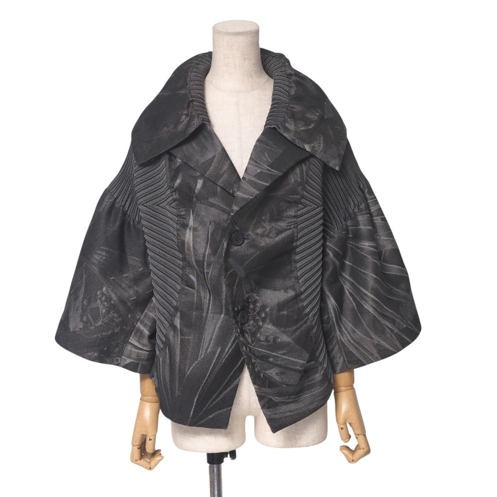 ISSEY MIYAKE イッセイミヤケ ジャケット サイズ2 変形 切替 プリーツ プリント ベルスリーブ ワイドカラー ブランド古着【中古】20250502/RA4550