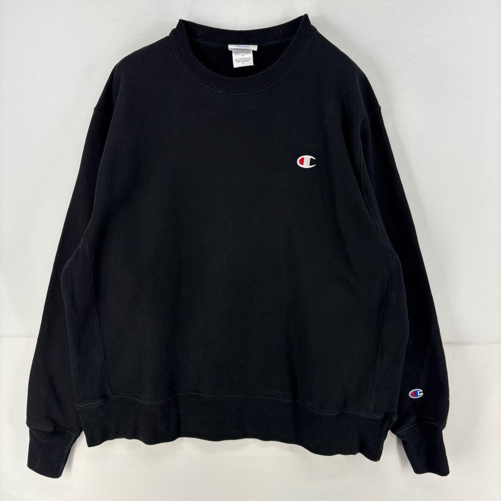 古着 チャンピオン Champion スウェット プルオーバー ワンポイント クルーネック リバースウィーブ トレーナー XL  ブラック メンズ