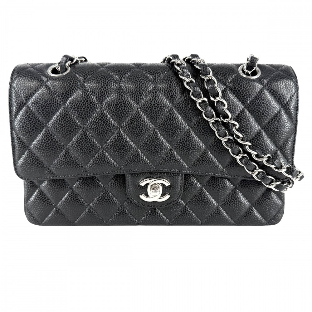 CHANEL シャネル ショルダーバッグ マトラッセ25 ダブルチェーン ココマーク ダブルフラップ 肩掛け 斜め掛け  キャビアスキン   ブラック 黒 シルバー金具 レディース 美品【中古品】
