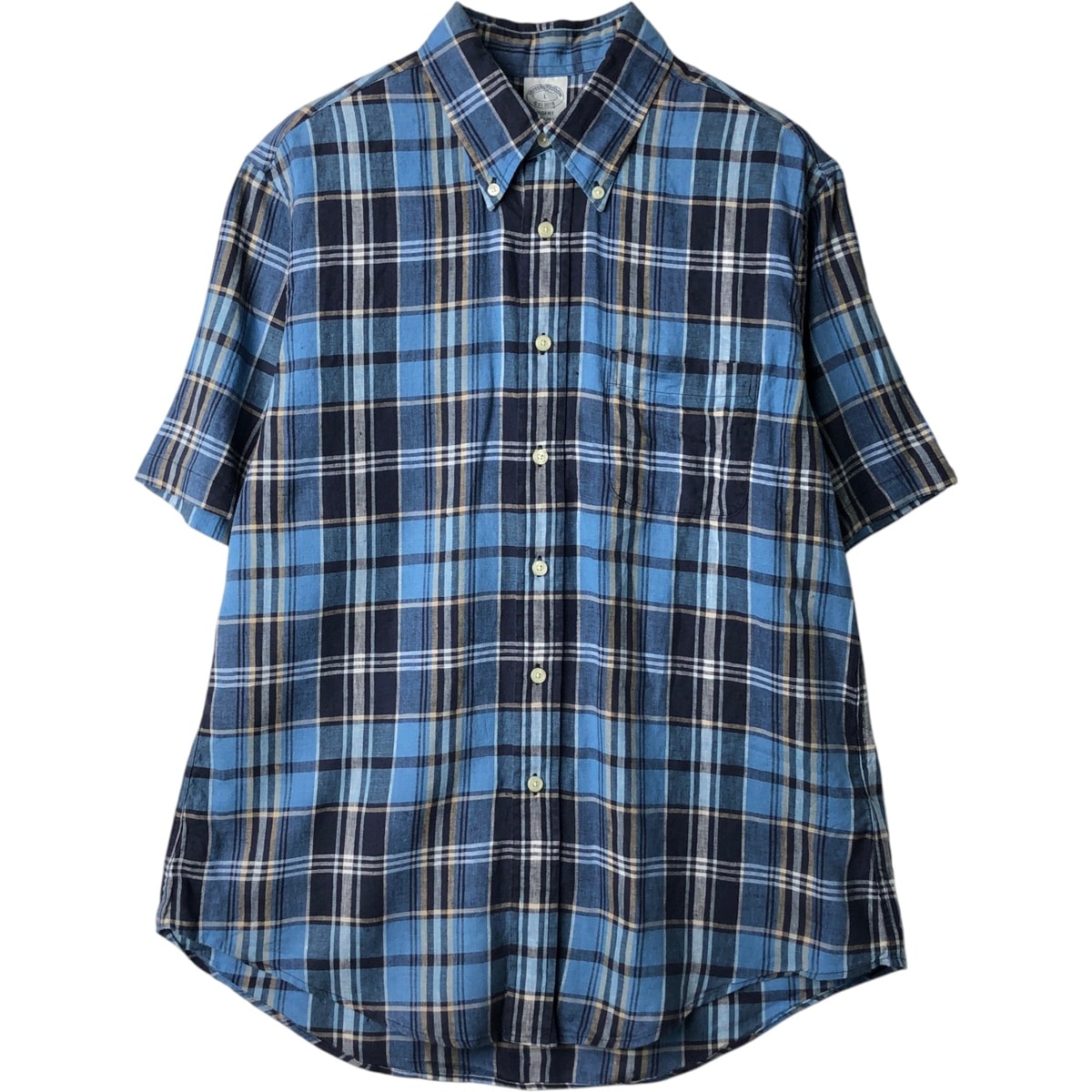古着 ブルックスブラザーズ Brooks Brothers Est.1818 チェック柄 半袖 リネン ボタンダウンシャツ メンズL相当/eaa641273