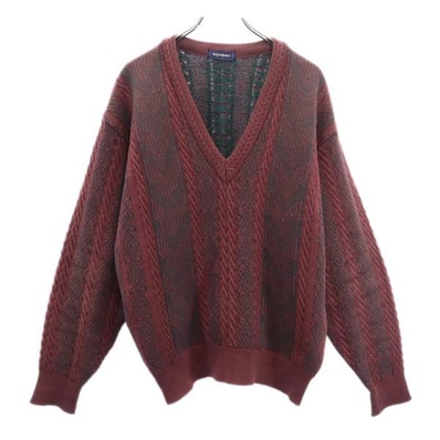 YVES SAINT LAURENT イヴサンローラン 90s ウール 総柄 長袖 Vネック セーター L パープル系 ニット