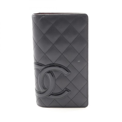 シャネル CHANEL カンボンライン 二つ折り長財布 財布 レザー パテントレザー レディース ブラック系 【中古】