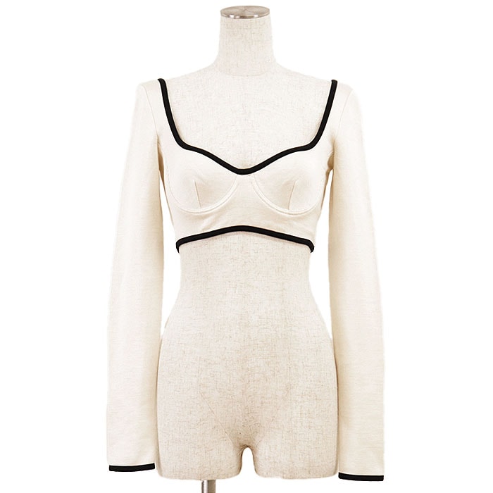 【未使用】CHANEL シャネル クロップドトップ 21S P70684 レディース サイズ 38 シルクニット バイカラー ストレッチ ロングスリーブ 短丈 長袖 トップス タグ・共生地付属 エクリュ ブラック 黒 イタリア製 ヴィルジニー・ヴィアール期