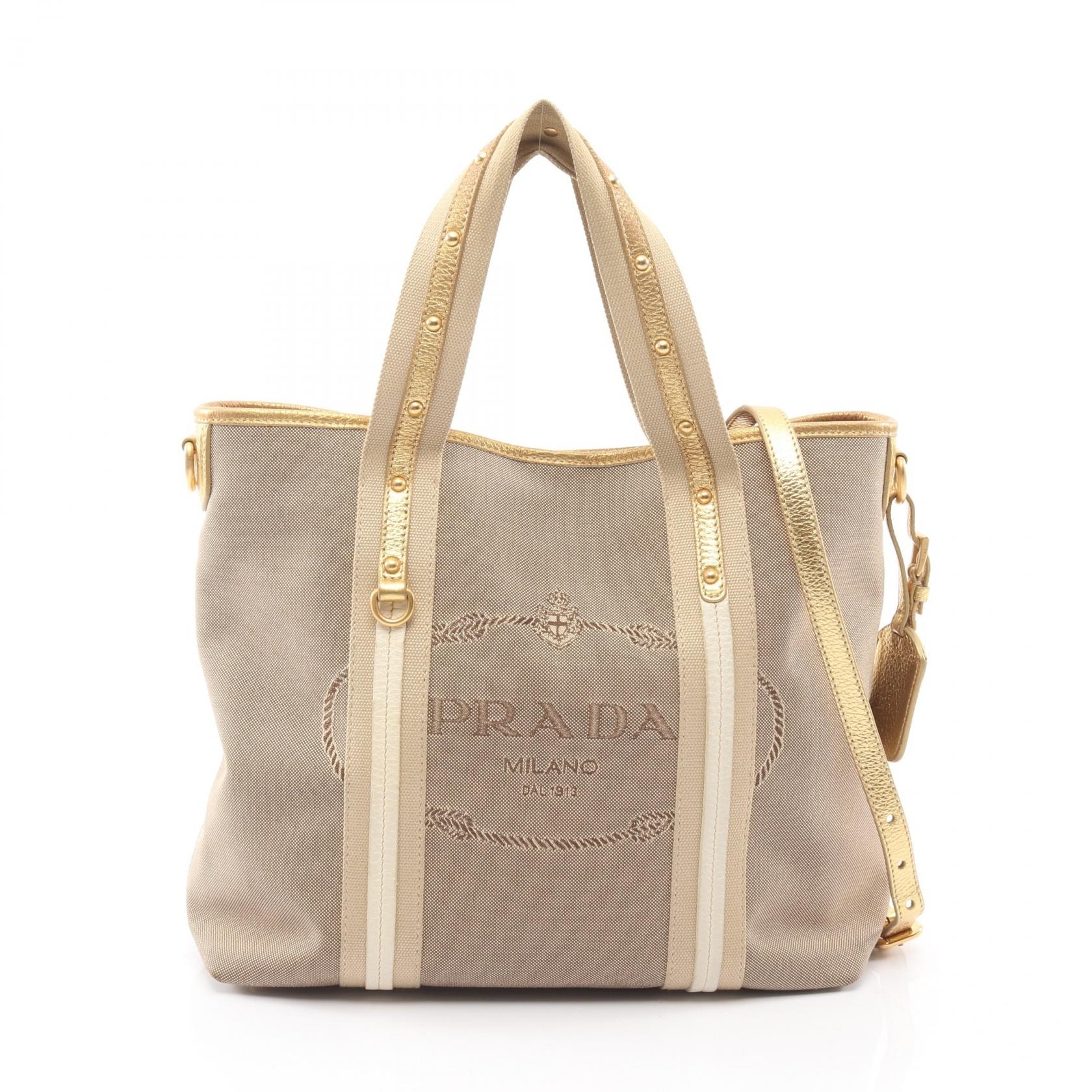 プラダ PRADA LOGO JACQUARD ロゴジャガード ハンドバッグ バッグ キャンバス レザー レディース ベージュ系 / ゴールド系 BN1453 【中古】