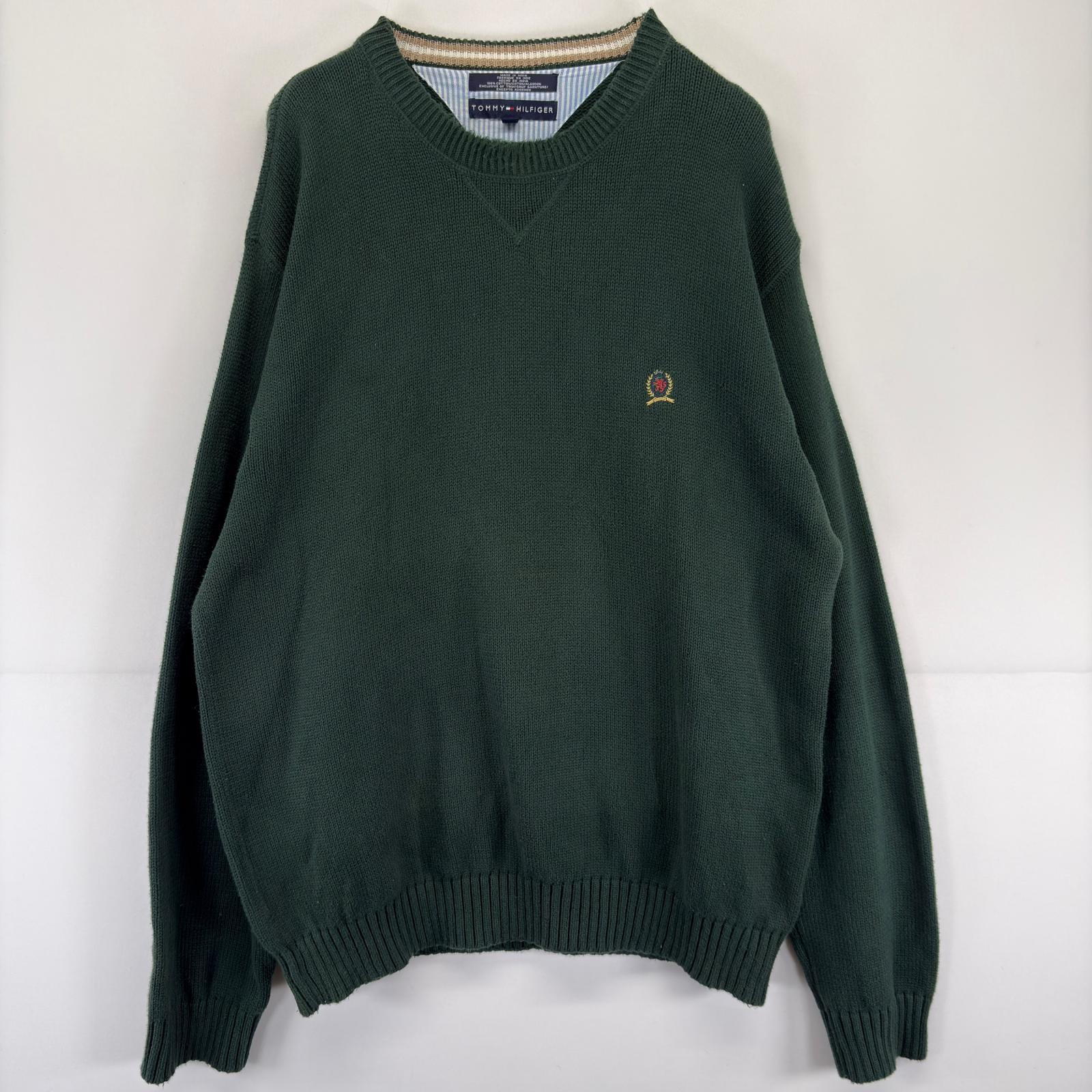 古着 トミーヒルフィガー TOMMY HILFIGER ニット 大きいサイズ 刺繍 セーター クルーネック ワンポイントロゴ 2XL  グリーン メンズ