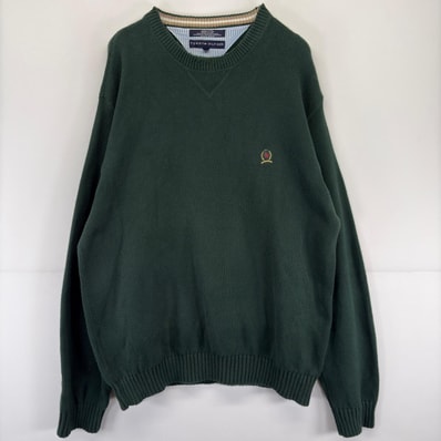 古着 トミーヒルフィガー TOMMY HILFIGER ニット 大きいサイズ 刺繍 セーター クルーネック ワンポイントロゴ 2XL グリーン メンズ