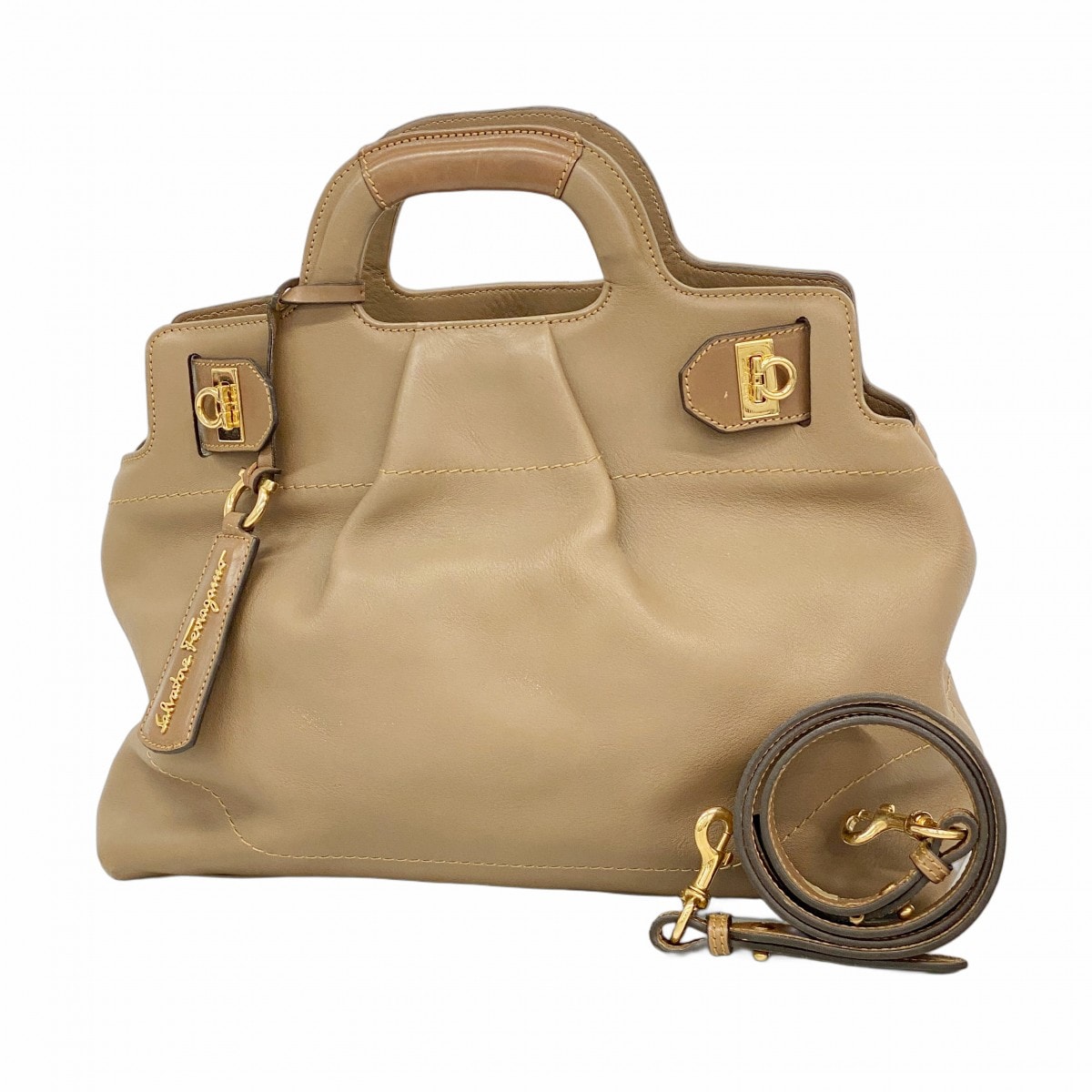 【6dc3049】サルヴァトーレフェラガモ ハンドバッグ ガンチーニ レザー ブラウン ゴールド金具 2wayバッグ【中古】レディース