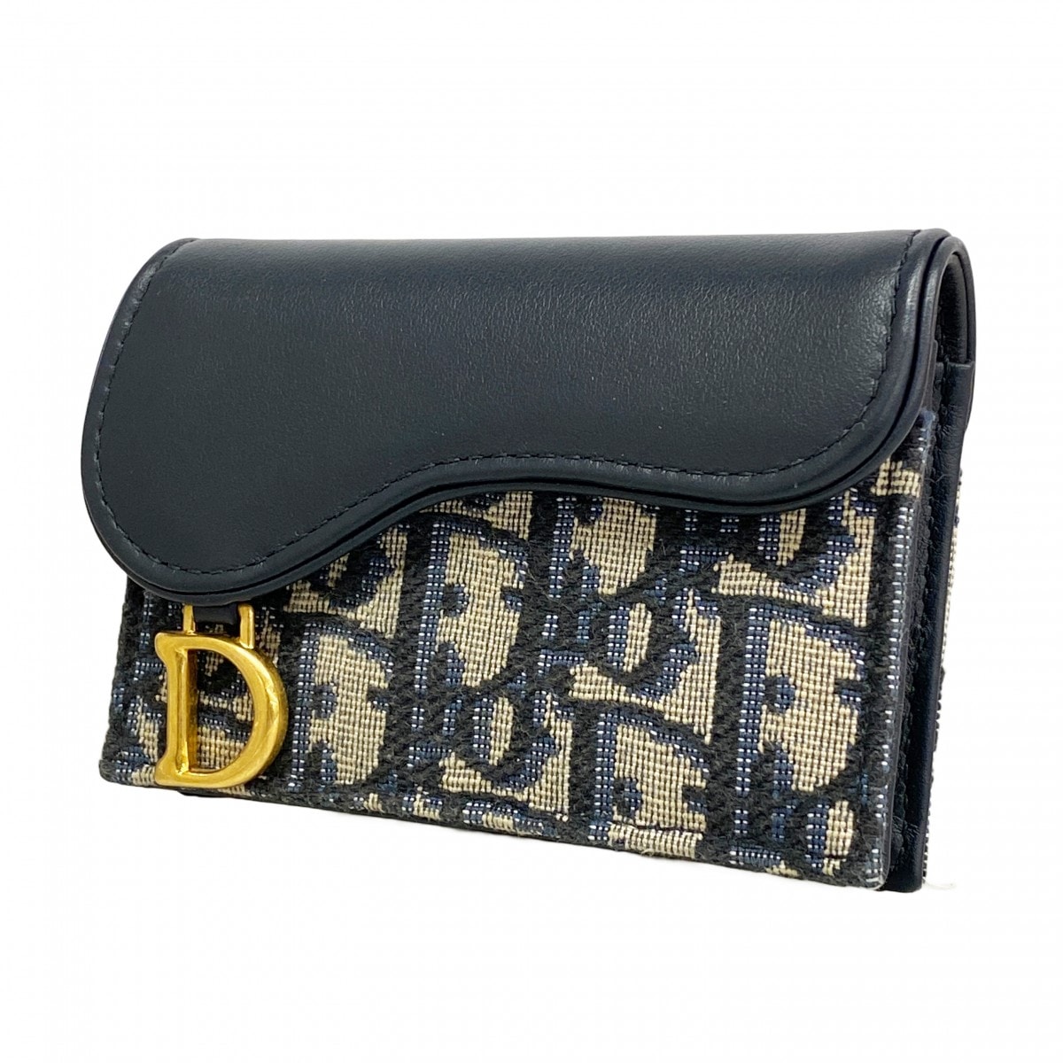 【6ca0385】クリスチャンディオール カードケース オブリーク サドル キャンバス レザー ブラック ネイビー ゴールド金具【中古】レディース