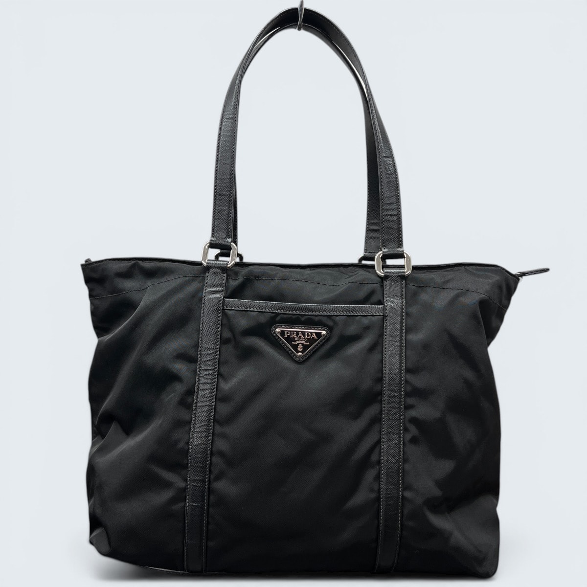 PRADA プラダ 美品 トライアングルロゴ トートバッグ BR2310 テスート ナイロン サフィアーノ レザー ブラック ハンドバッグ ビジネスバッグ 三角プレート ロゴプレート ABランク 鑑定済 中古 プラダバッグ