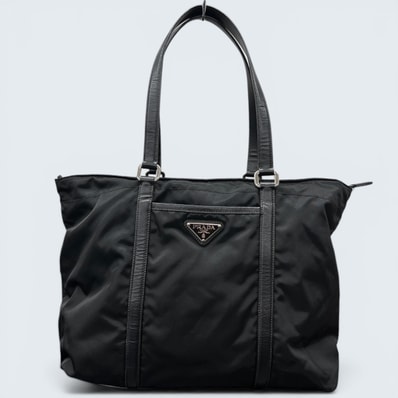 PRADA プラダ 美品 トライアングルロゴ トートバッグ BR2310 テスート ナイロン サフィアーノ レザー ブラック ハンドバッグ ビジネスバッグ 三角プレート ロゴプレート ABランク 鑑定済 中古 プラダバッグ