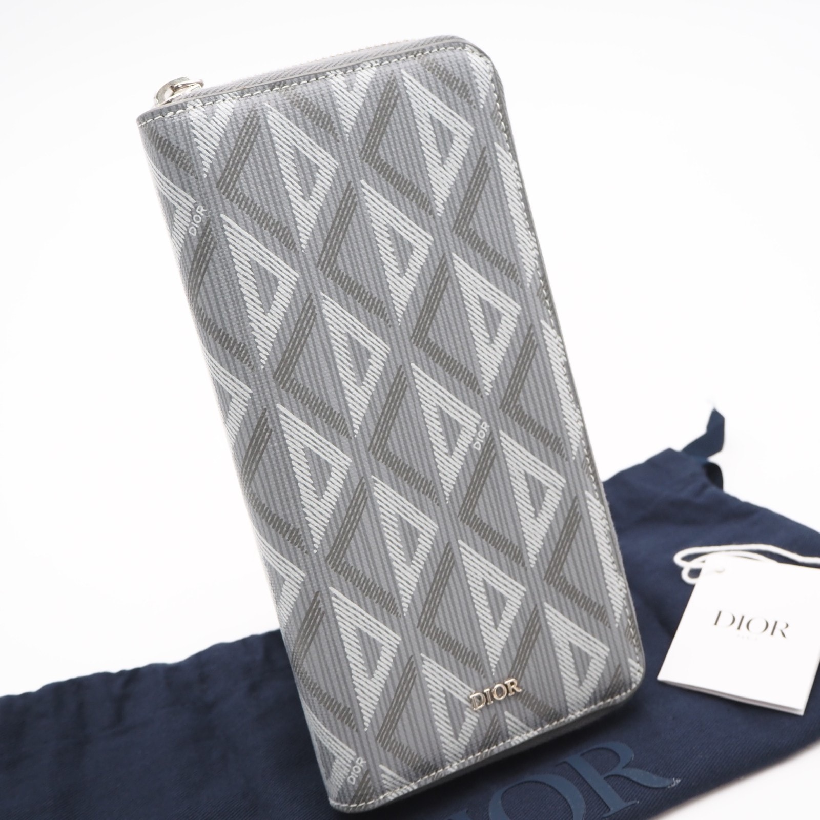 美品 Dior ディオール CD Diamond ロングジップウォレット 2ESBC252DCO H42E 長財布 グレー コーティングキャンバス レザー メンズ