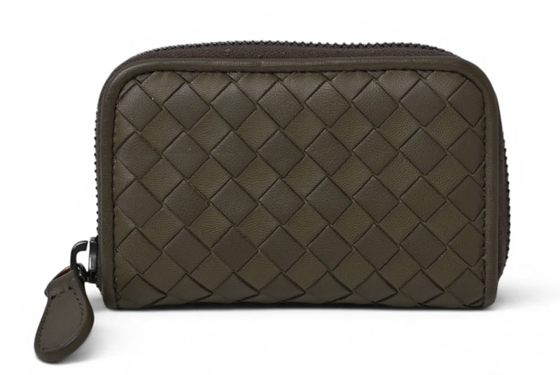 ボッテガヴェネタ カードケース/コインケース BOTTEGA VENETA ミニ財布 イントレチャート レザー カーキグレー 114075【中古】