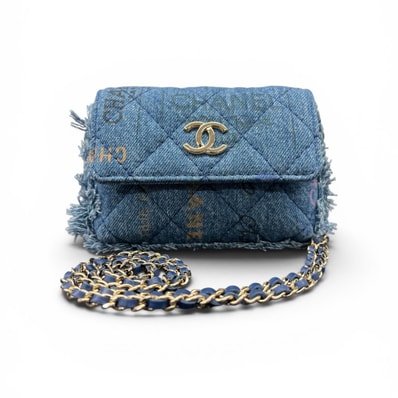 CHANEL 展示品級美品 シャネル ミニマトラッセ グラフィティ フリンジ デニム チェーンショルダーバッグ チェーンウォレット AP2602 32番台シリアル ブルー コインケース ミニミニ ポシェット ココマーク SAランク 中古 鑑定