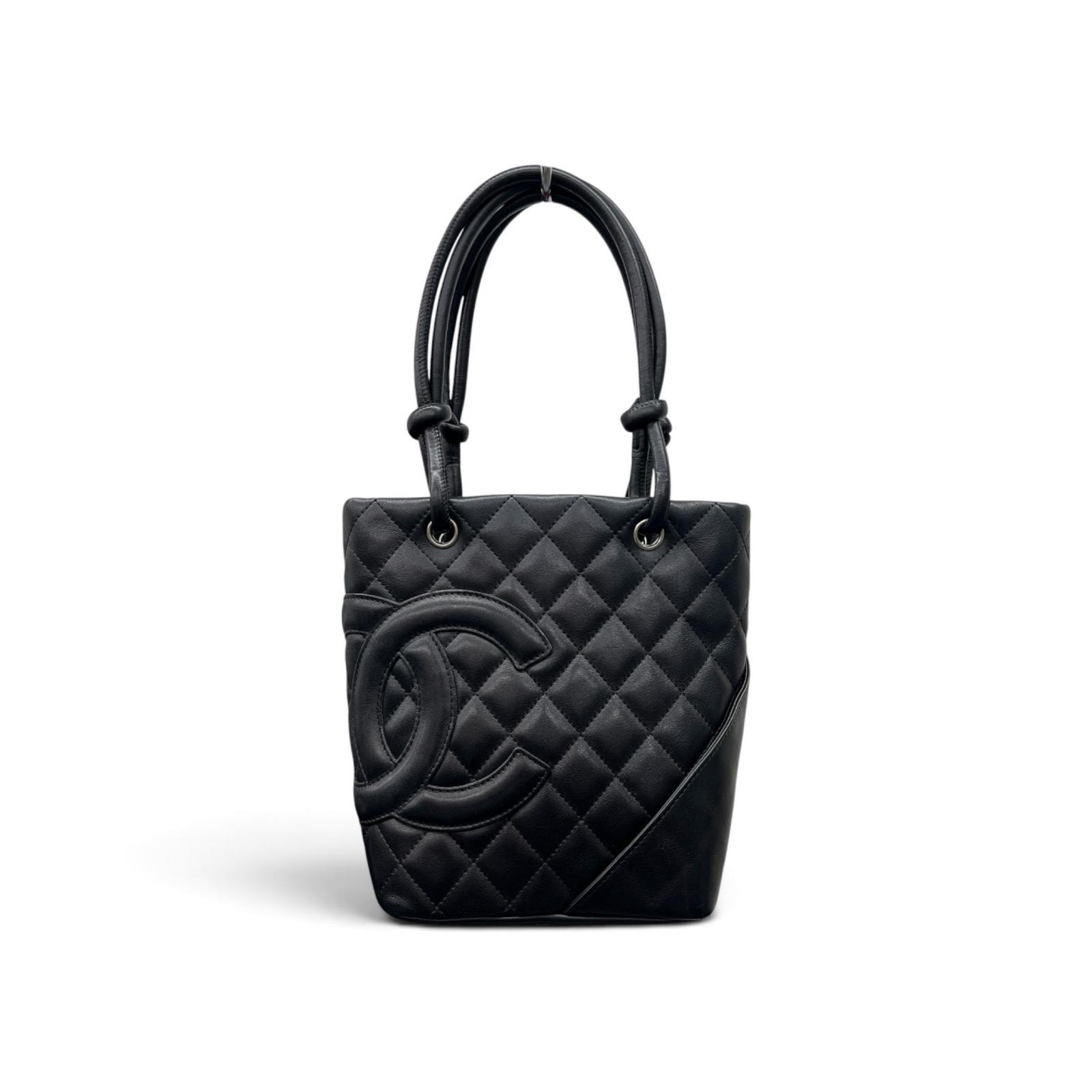 CHANEL 希少 美品 シャネル カンボンライン スモール トートバッグ A25166 9番台シリアル ラムスキン レザー オールブラック シルバー金具 ショルダー デカココマーク ヴィンテージ アンティーク ABランク 鑑定済 中古