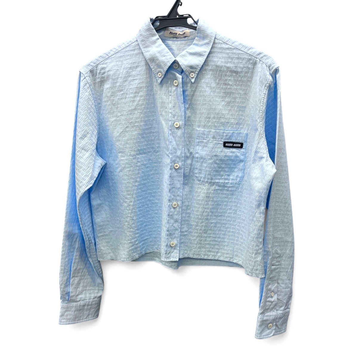 miumiu 美品 ミュウミュウ ロゴジャガード ボンバーシャツ MK1784 2023年 コットン ブルー #38 レディース 長袖 ショート丈 ブラウス ABランク 中古 鑑定済 ミュウミュウブラウス
