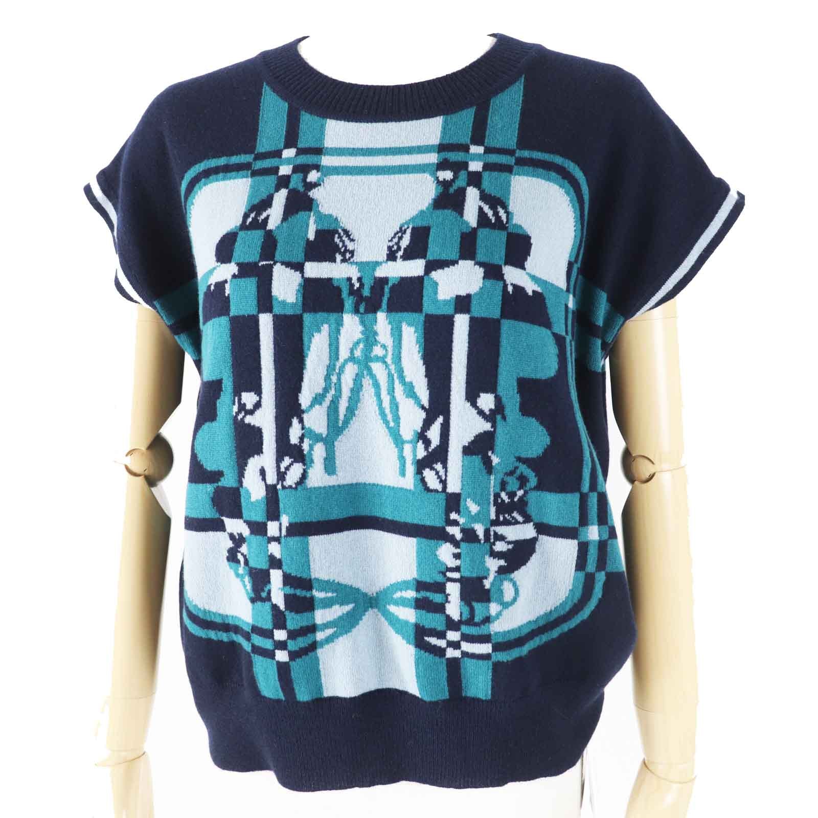 未使用品 エルメス
 ニット BRIDES de GALA Tartan 式典用馬勒 ダークネイビー グリーン レディース 38 3H2608DD