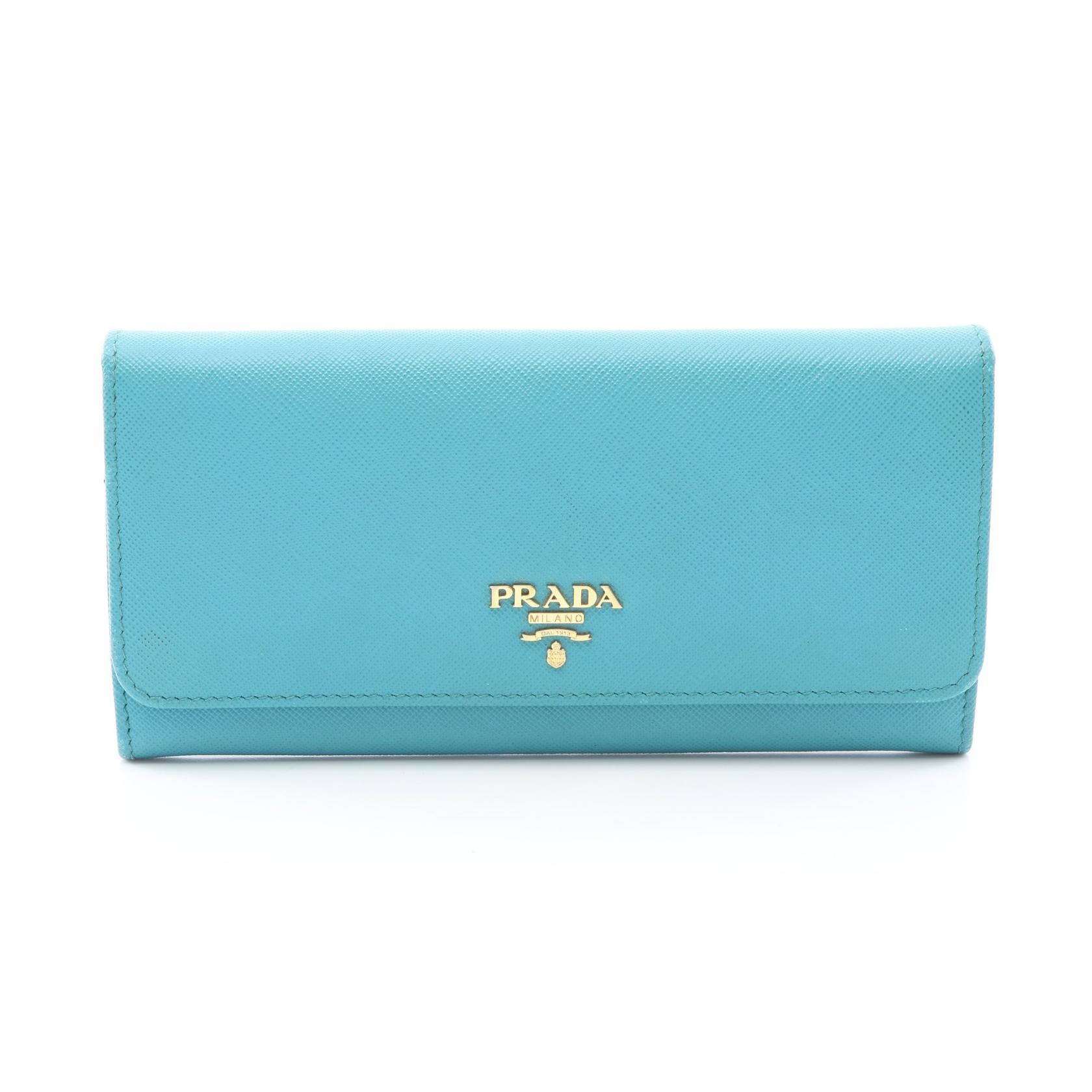 プラダ PRADA 二つ折り長財布 財布 レザー レディース ブルー系 【中古】