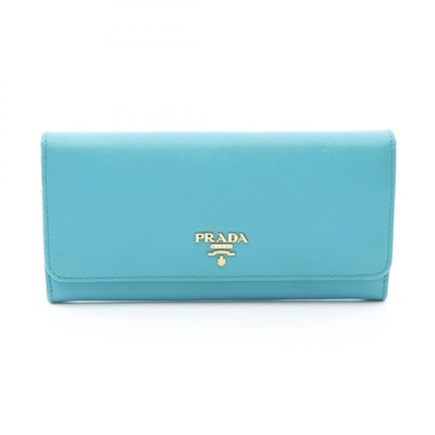 プラダ PRADA 二つ折り長財布 財布 レザー レディース ブルー系 【中古】