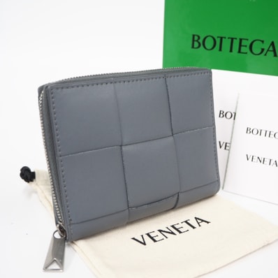 美品 BOTTEGAVENETA ボッテガヴェネタ マキシイントレチャート コンパクトウォレット 750252 二つ折り財布 グレー カーフレザー メンズ