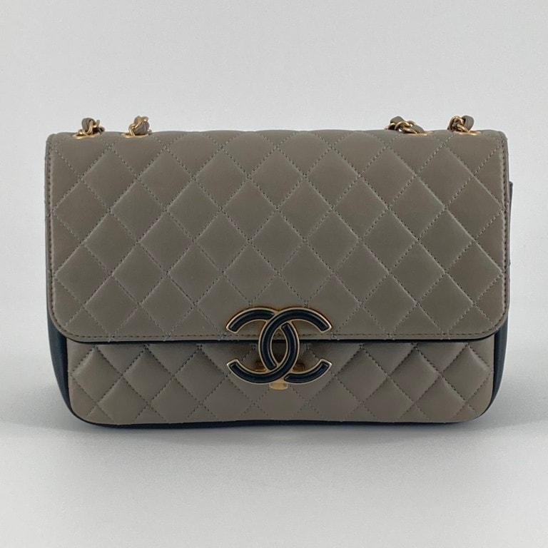 CHANEL(シャネル) ココマーク ラムスキン バイカラー 26番台 チェーン ショルダーバッグ グレー×ブラック